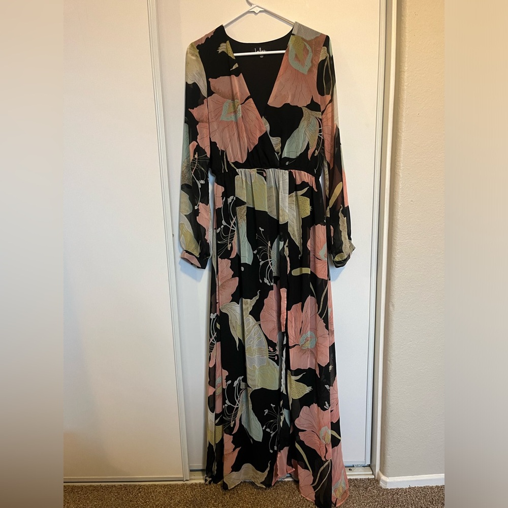Lulus Wondrous Water Lillies Black Floral Print Maxi Dress Size L Flowy - Picture 2 of 4